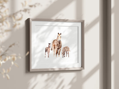 Mother Horse with Two Foals Watercolor Art Print - Art Prints - Moon Rock Prints