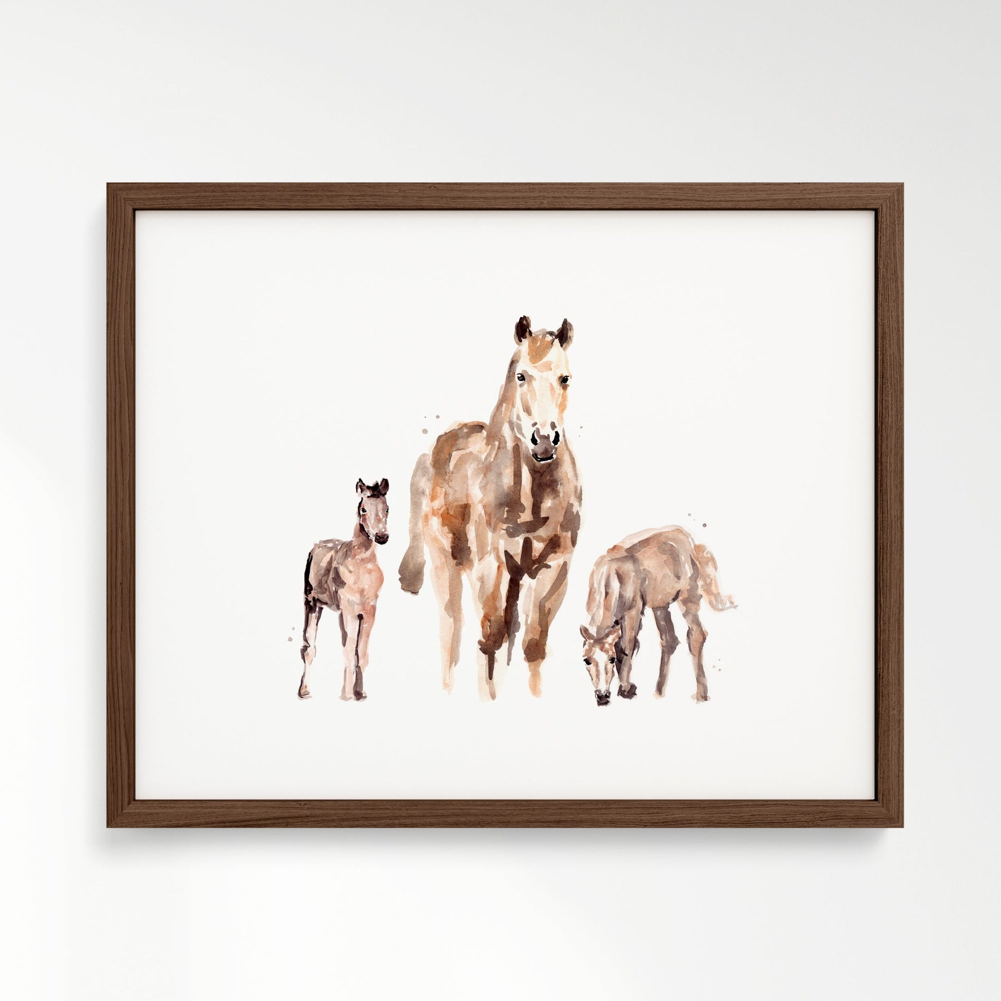 Mother Horse with Two Foals Watercolor Art Print - Art Prints - Moon Rock Prints