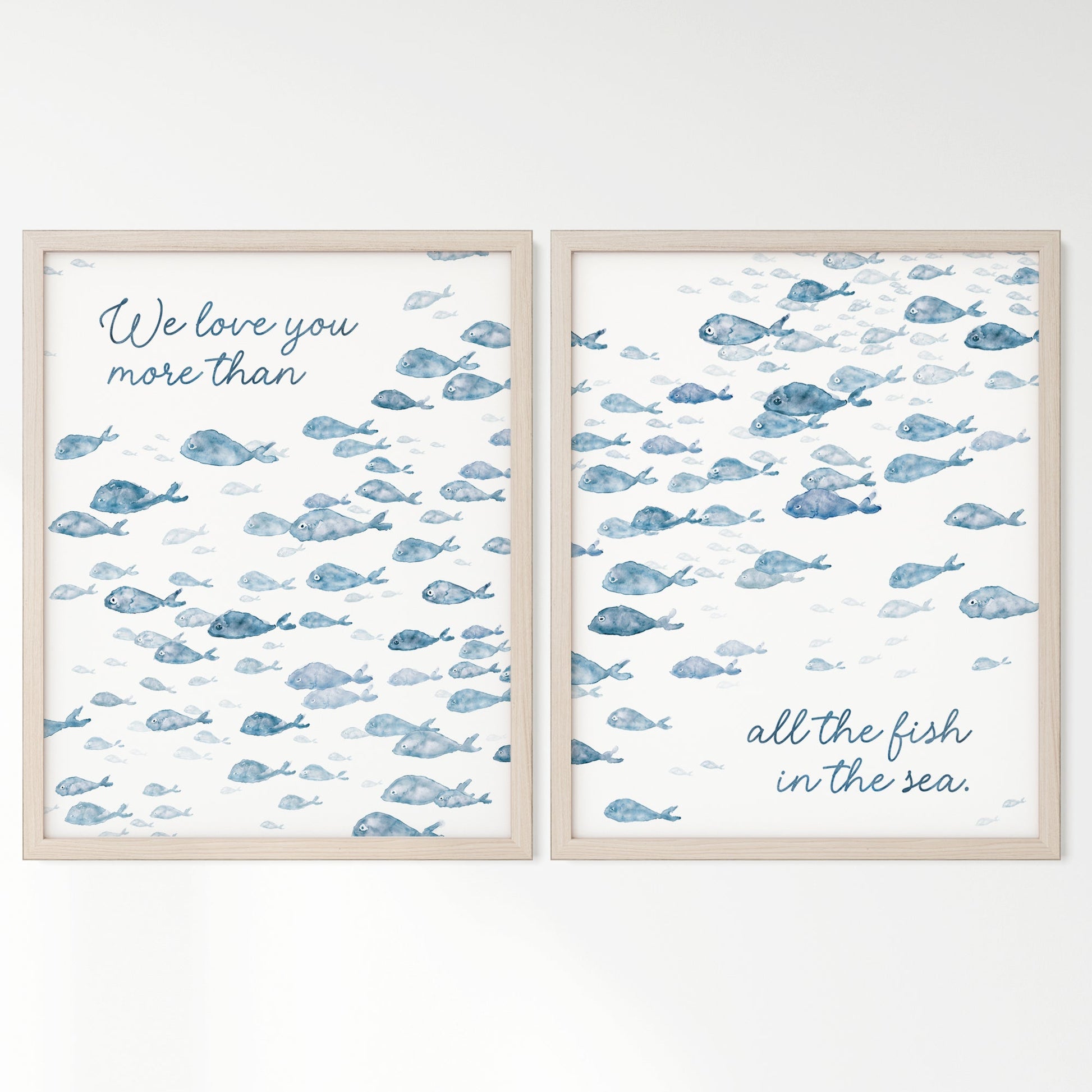Navy Fish Watercolor 2 Art Print Set - Love You More Than All The Fish in the Sea - Art Prints - Moon Rock Prints