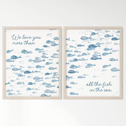 Navy Fish Watercolor 2 Art Print Set - Love You More Than All The Fish in the Sea - Art Prints - Moon Rock Prints
