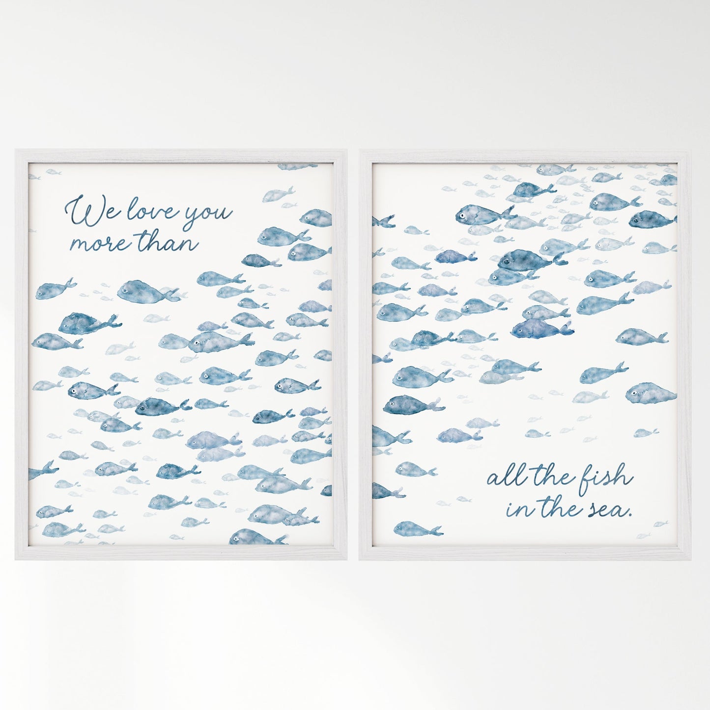Navy Fish Watercolor 2 Art Print Set - Love You More Than All The Fish in the Sea - Art Prints - Moon Rock Prints