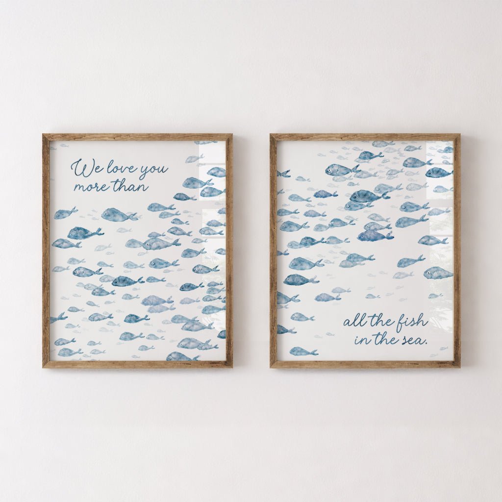 Navy Fish Watercolor 2 Art Print Set - Love You More Than All The Fish in the Sea - Art Prints - Moon Rock Prints
