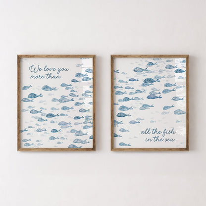 Navy Fish Watercolor 2 Art Print Set - Love You More Than All The Fish in the Sea - Art Prints - Moon Rock Prints