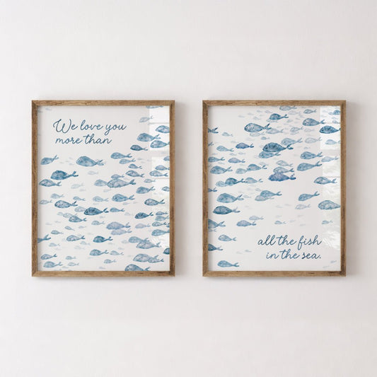 Navy Fish Watercolor 2 Art Print Set - Love You More Than All The Fish in the Sea - Art Prints - Moon Rock Prints