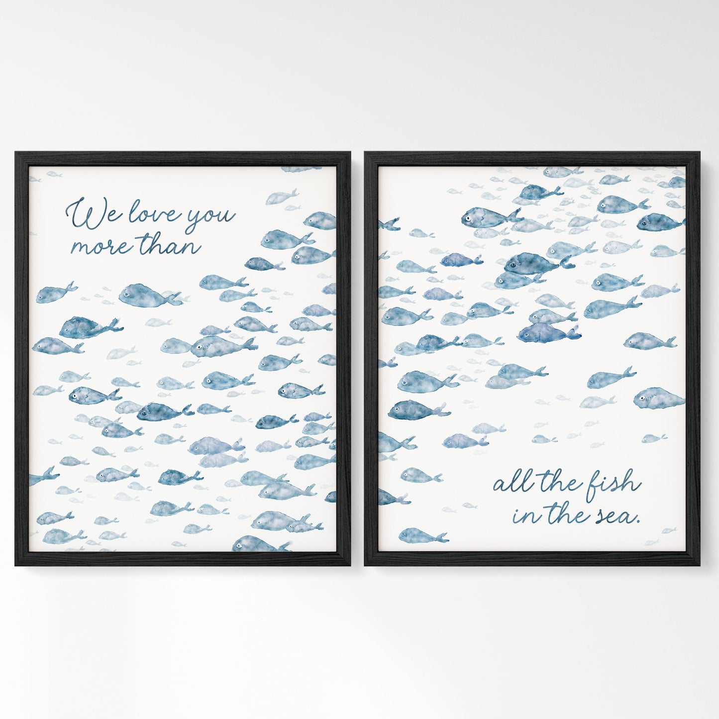 Navy Fish Watercolor 2 Art Print Set - Love You More Than All The Fish in the Sea - Art Prints - Moon Rock Prints