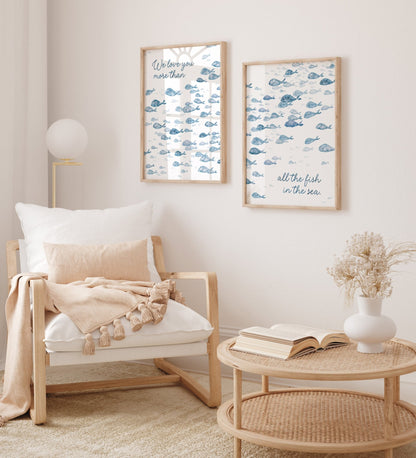 Navy Fish Watercolor 2 Art Print Set - Love You More Than All The Fish in the Sea - Art Prints - Moon Rock Prints