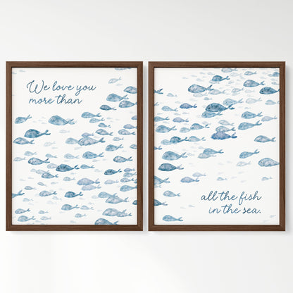 Navy Fish Watercolor 2 Art Print Set - Love You More Than All The Fish in the Sea - Art Prints - Moon Rock Prints