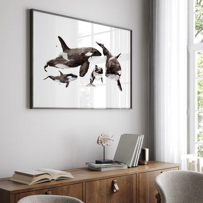 Orca Family of 4 Arctic Ocean Animal Watercolor Art Print - Art Prints - Moon Rock Prints