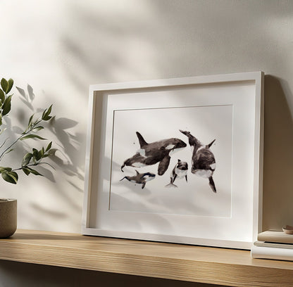 Orca Family of 4 Arctic Ocean Animal Watercolor Art Print - Art Prints - Moon Rock Prints