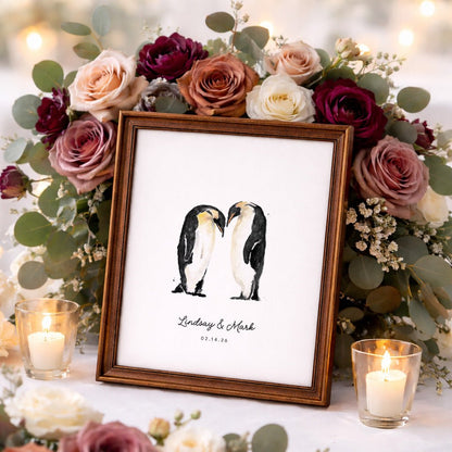 Penguin Couple Personalized Watercolor Art Print - Art Prints - Moon Rock Prints