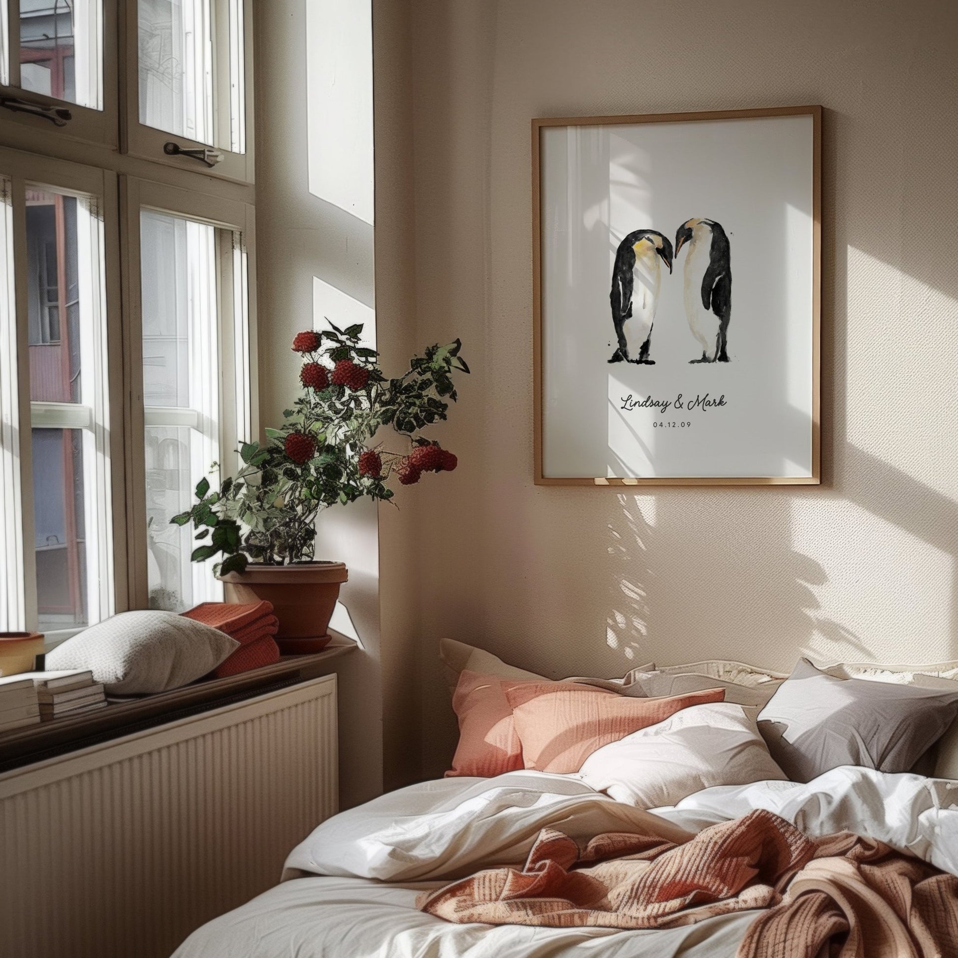 Penguin Couple Personalized Watercolor Art Print - Art Prints - Moon Rock Prints