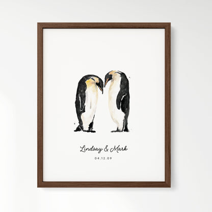 Penguin Couple Personalized Watercolor Art Print - Art Prints - Moon Rock Prints