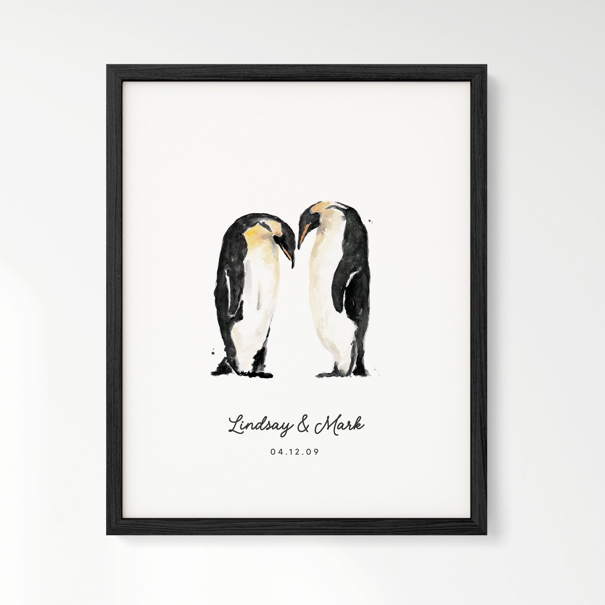 Penguin Couple Personalized Watercolor Art Print - Art Prints - Moon Rock Prints