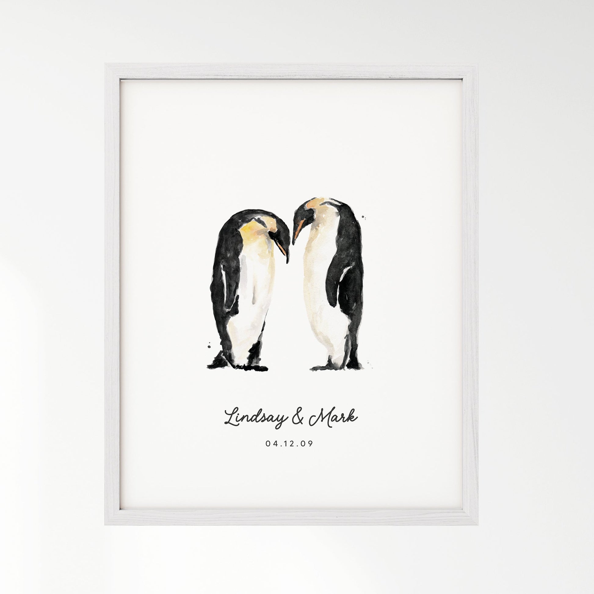 Penguin Couple Personalized Watercolor Art Print - Art Prints - Moon Rock Prints