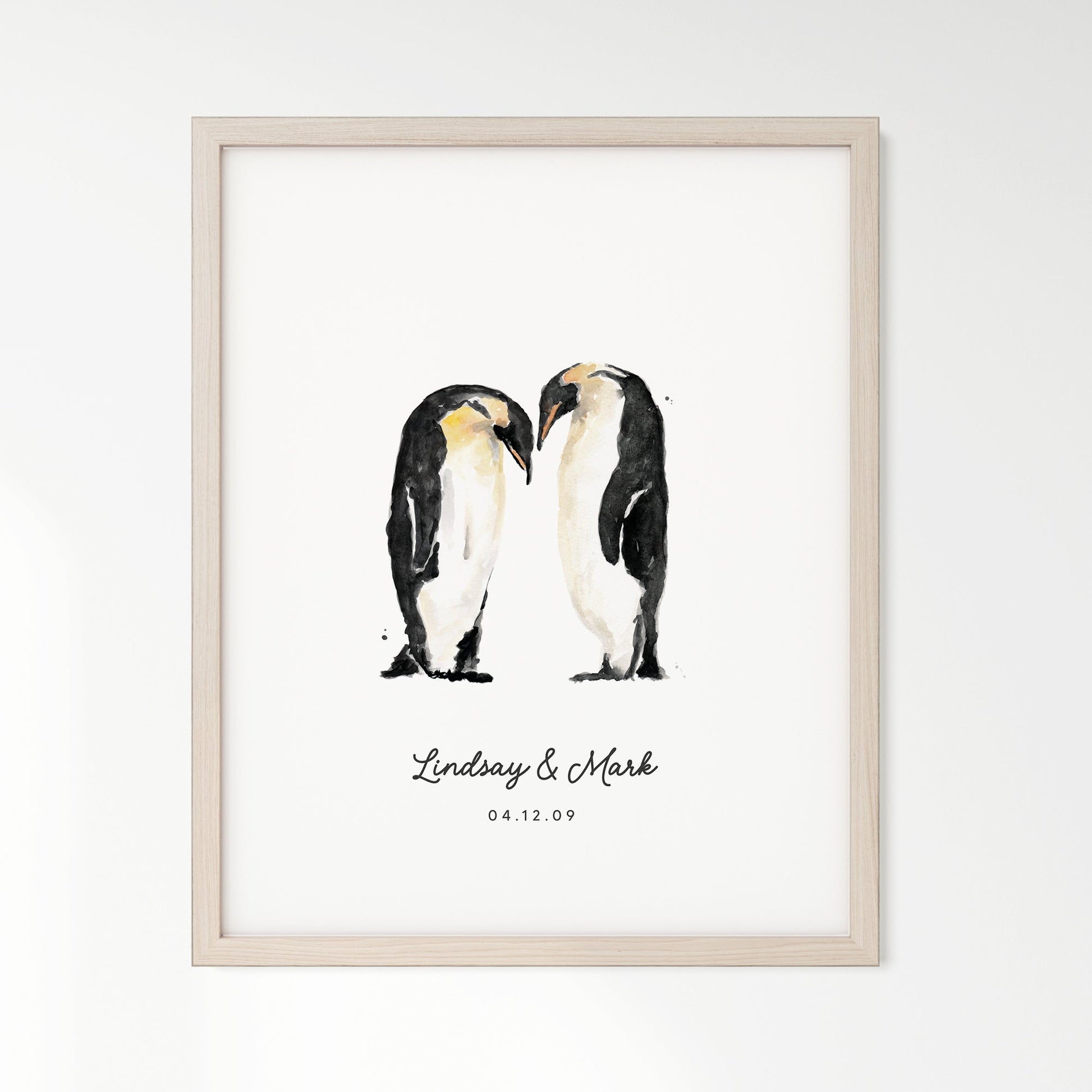 Penguin Couple Personalized Watercolor Art Print - Art Prints - Moon Rock Prints