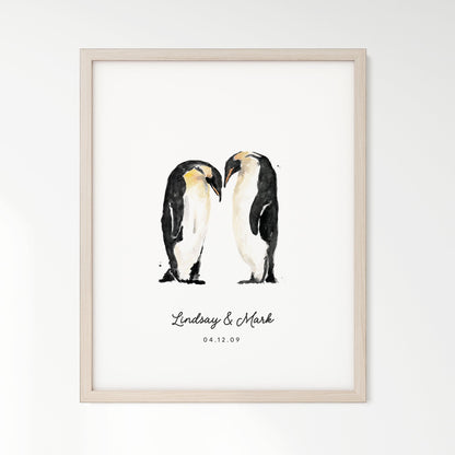 Penguin Couple Personalized Watercolor Art Print - Art Prints - Moon Rock Prints