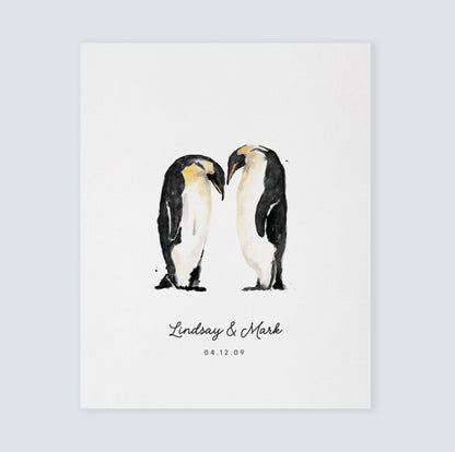 Penguin Couple Personalized Watercolor Art Print - Art Prints - Moon Rock Prints