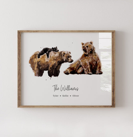 Personalized Bear Family of 3 Watercolor Art Print - Art Prints - Moon Rock Prints