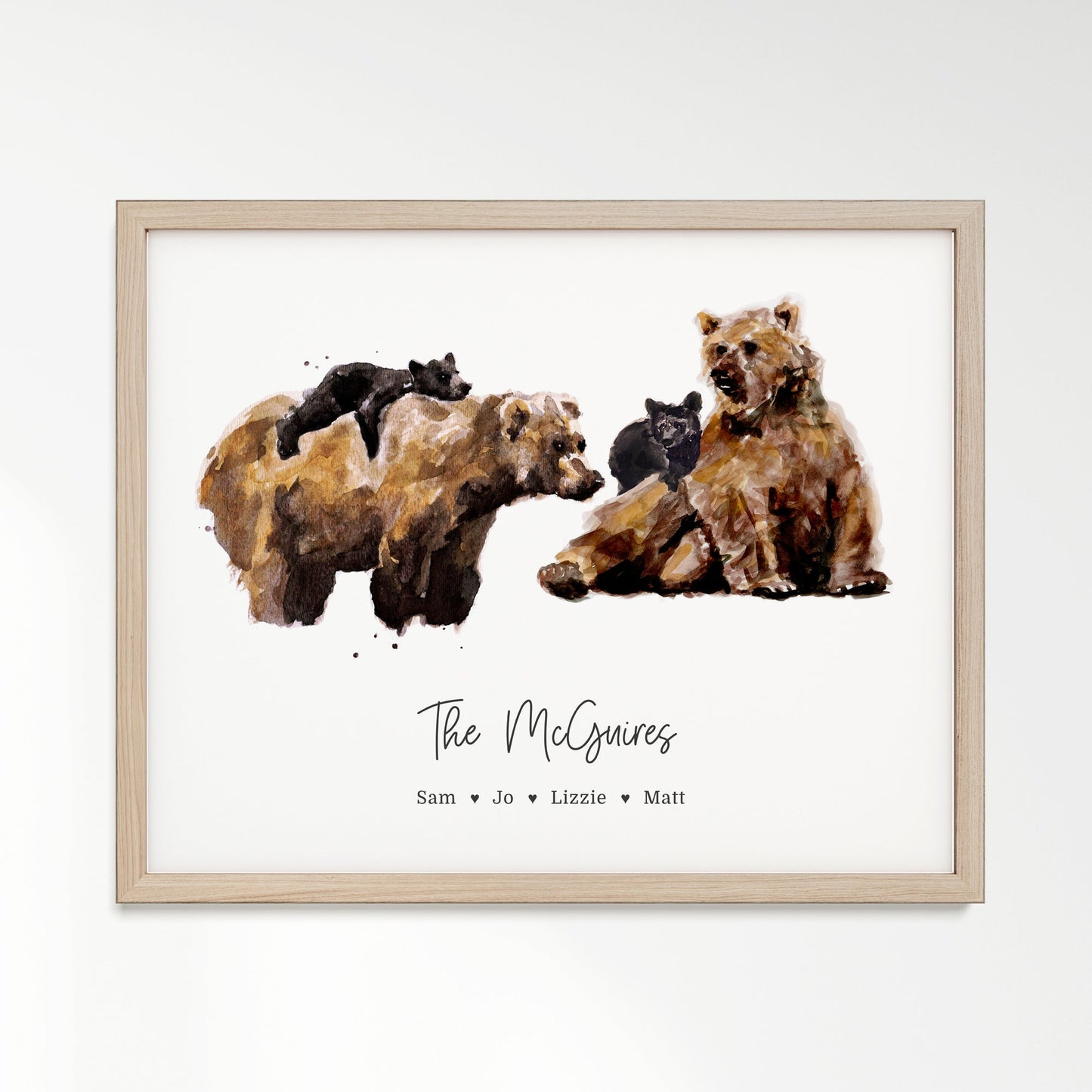 Personalized Bear Family of 4 Watercolor Art Print - Art Prints - Moon Rock Prints