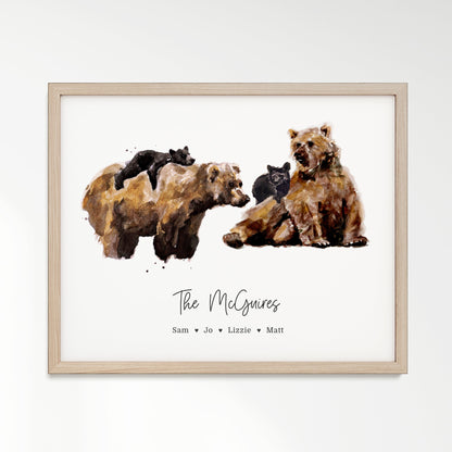 Personalized Bear Family of 4 Watercolor Art Print - Art Prints - Moon Rock Prints