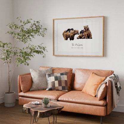 Personalized Bear Family of 4 Watercolor Art Print - Art Prints - Moon Rock Prints