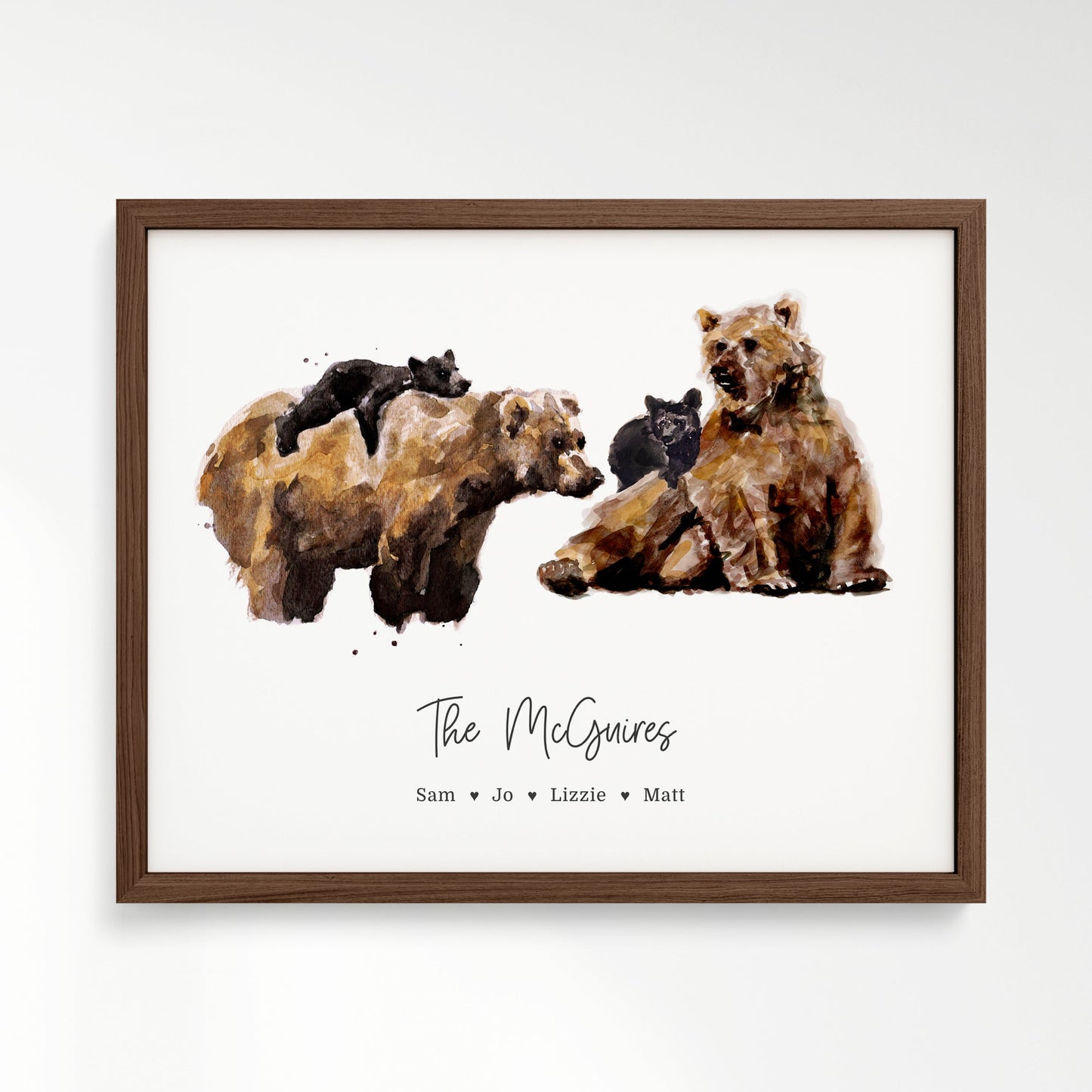 Personalized Bear Family of 4 Watercolor Art Print - Art Prints - Moon Rock Prints