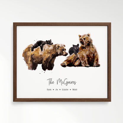 Personalized Bear Family of 4 Watercolor Art Print - Art Prints - Moon Rock Prints