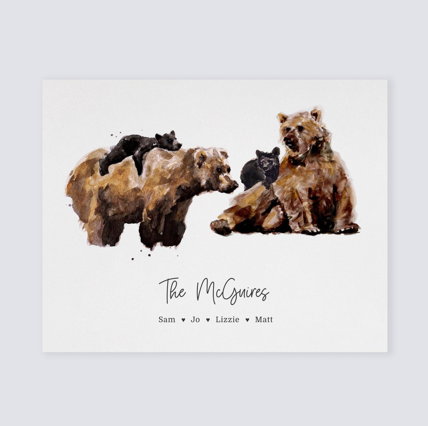Personalized Bear Family of 4 Watercolor Art Print - Art Prints - Moon Rock Prints
