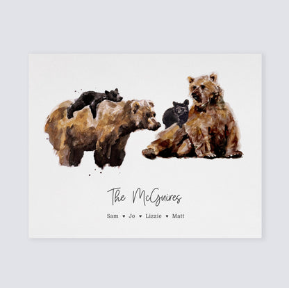 Personalized Bear Family of 4 Watercolor Art Print - Art Prints - Moon Rock Prints