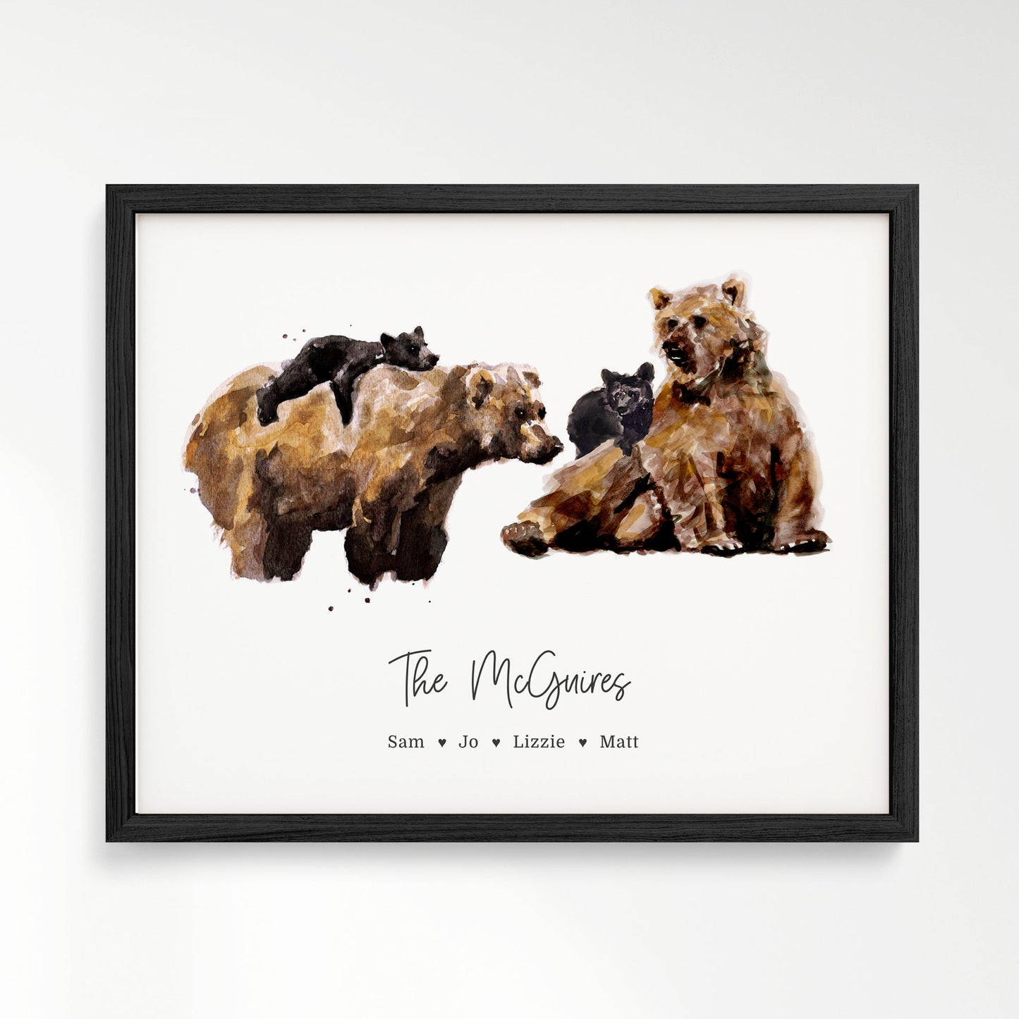 Personalized Bear Family of 4 Watercolor Art Print - Art Prints - Moon Rock Prints