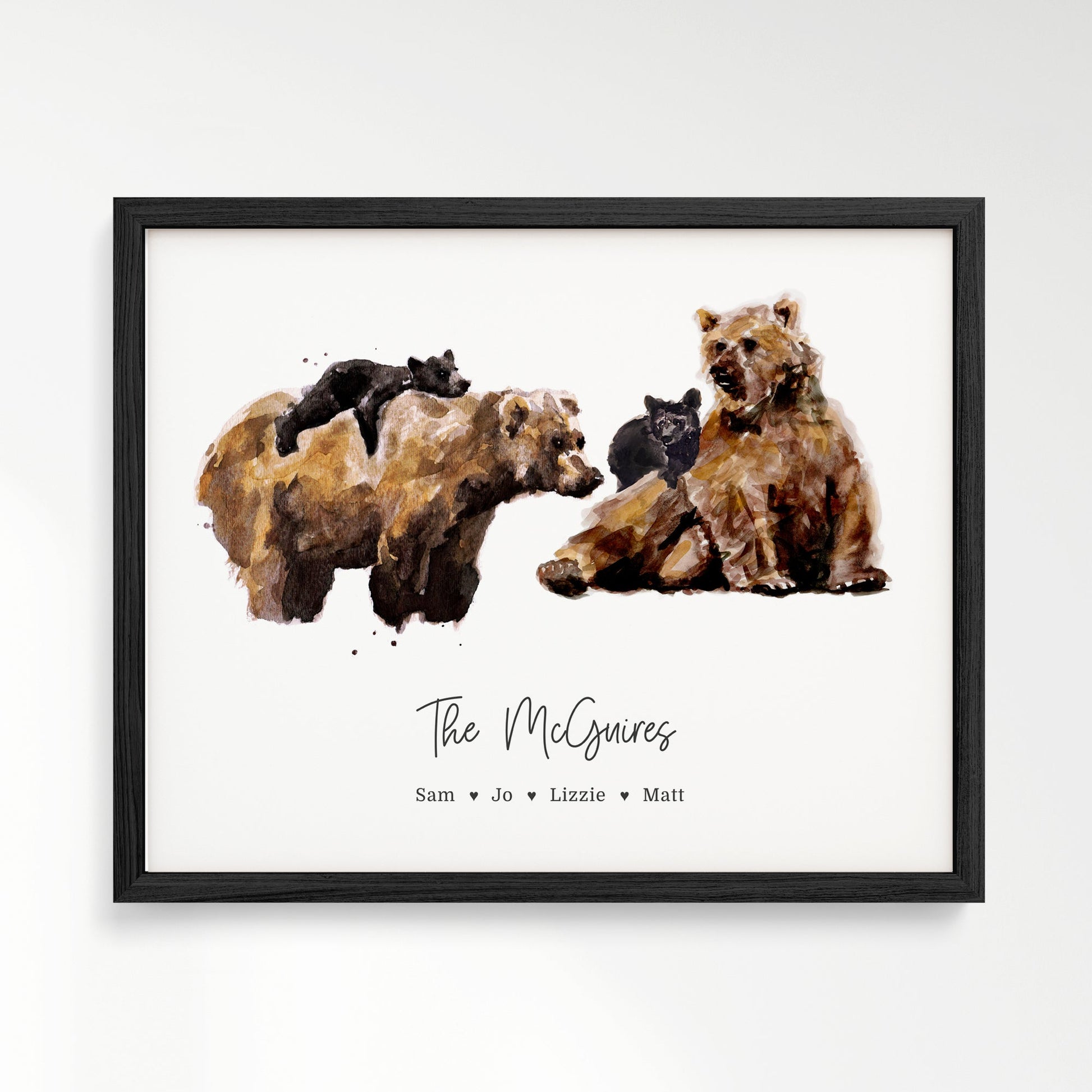 Personalized Bear Family of 4 Watercolor Art Print - Art Prints - Moon Rock Prints