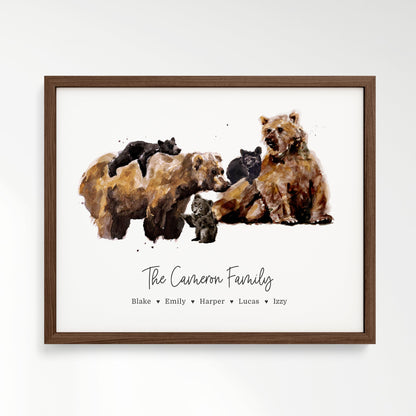 Personalized Bear Family of 5 Watercolor Art Print - Art Prints - Moon Rock Prints