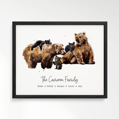 Personalized Bear Family of 5 Watercolor Art Print - Art Prints - Moon Rock Prints