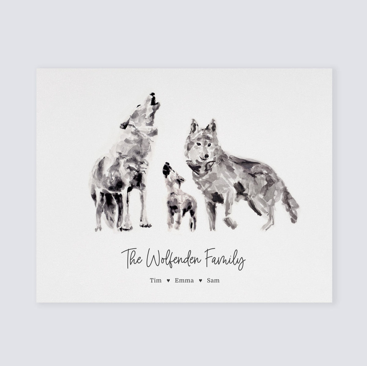 Personalized Wolf Family of 3 Watercolor Art Print - Art Prints - Moon Rock Prints