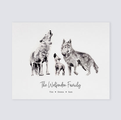 Personalized Wolf Family of 3 Watercolor Art Print - Art Prints - Moon Rock Prints