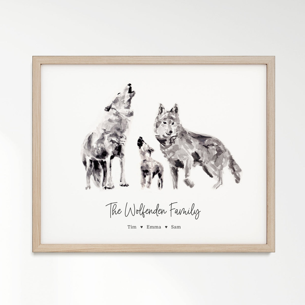 Personalized Wolf Family of 3 Watercolor Art Print - Art Prints - Moon Rock Prints