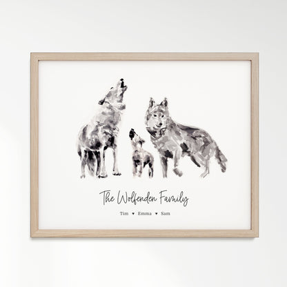 Personalized Wolf Family of 3 Watercolor Art Print - Art Prints - Moon Rock Prints