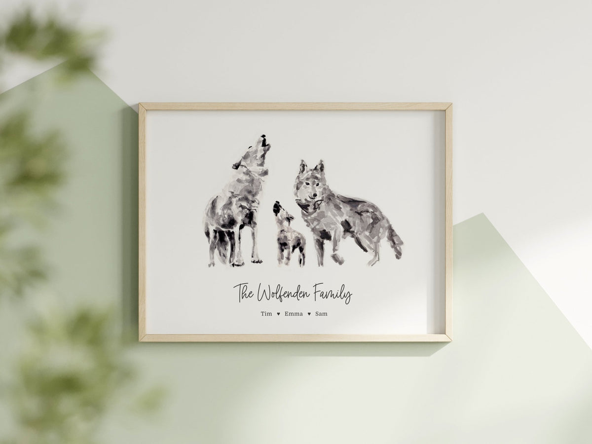 Personalized Wolf Family of 3 Watercolor Art Print - Art Prints - Moon Rock Prints
