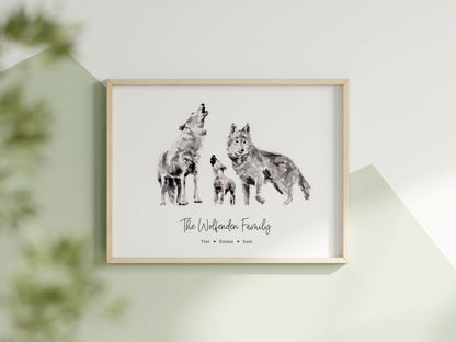 Personalized Wolf Family of 3 Watercolor Art Print - Art Prints - Moon Rock Prints