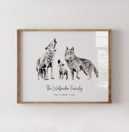 Personalized Wolf Family of 3 Watercolor Art Print - Art Prints - Moon Rock Prints