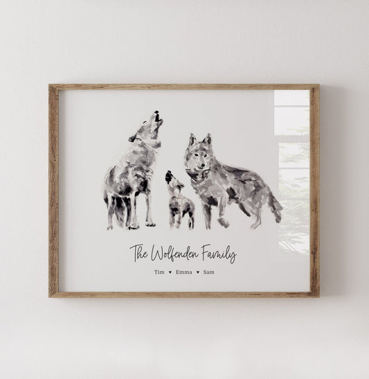 Personalized Wolf Family of 3 Watercolor Art Print - Art Prints - Moon Rock Prints