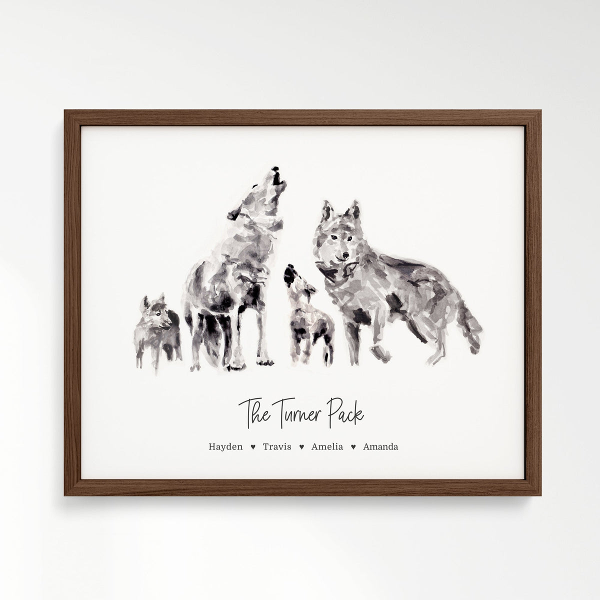 Personalized Wolf Family of 4 Watercolor Art Print - Art Prints - Moon Rock Prints