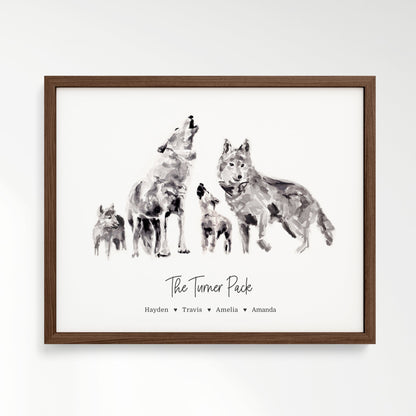 Personalized Wolf Family of 4 Watercolor Art Print - Art Prints - Moon Rock Prints