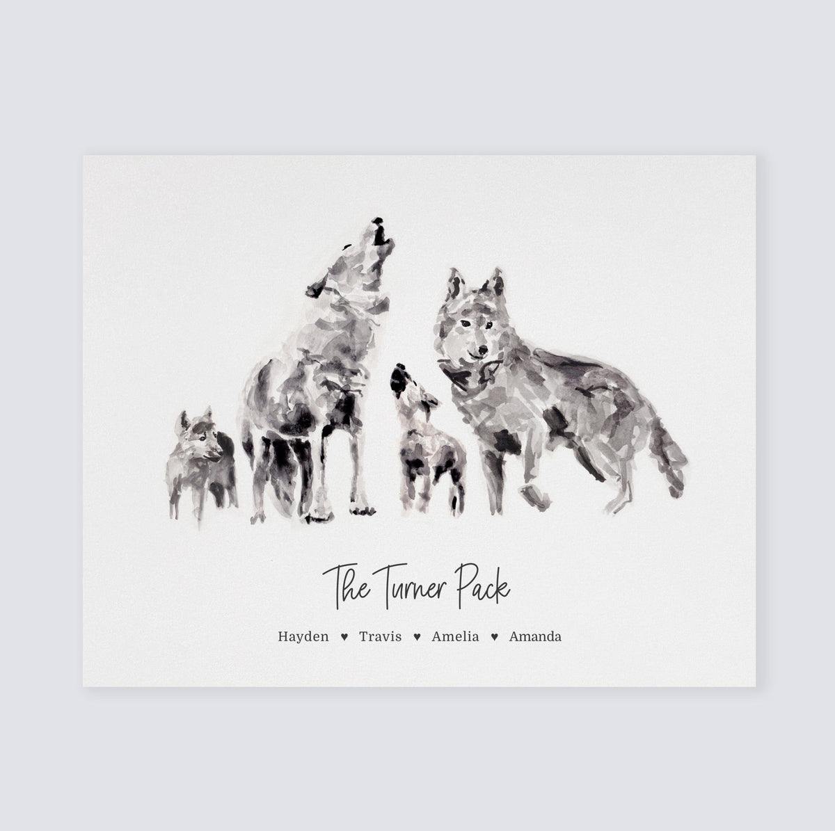 Personalized Wolf Family of 4 Watercolor Art Print - Art Prints - Moon Rock Prints