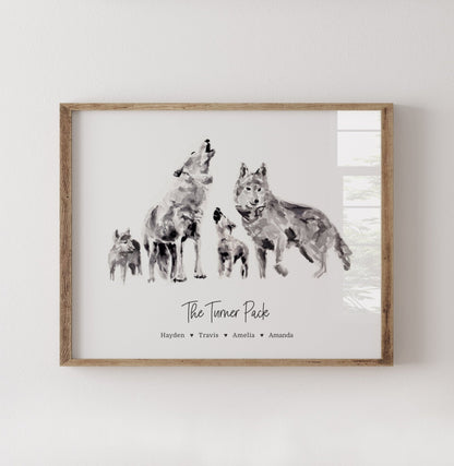 Personalized Wolf Family of 4 Watercolor Art Print - Art Prints - Moon Rock Prints