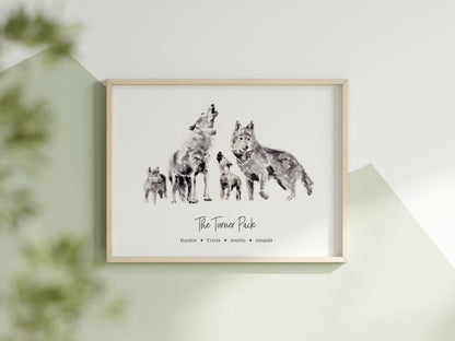 Personalized Wolf Family of 4 Watercolor Art Print - Art Prints - Moon Rock Prints