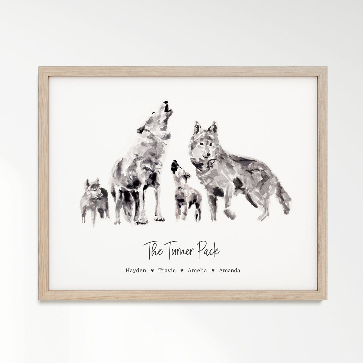 Personalized Wolf Family of 4 Watercolor Art Print - Art Prints - Moon Rock Prints