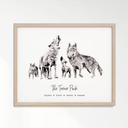 Personalized Wolf Family of 4 Watercolor Art Print - Art Prints - Moon Rock Prints