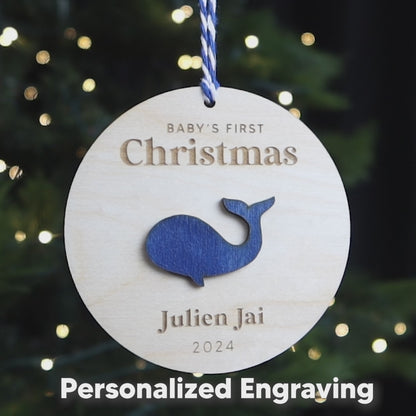 Baby First Christmas Ornament Personalized Engraved Wood Whale New Baby Gift for 2024