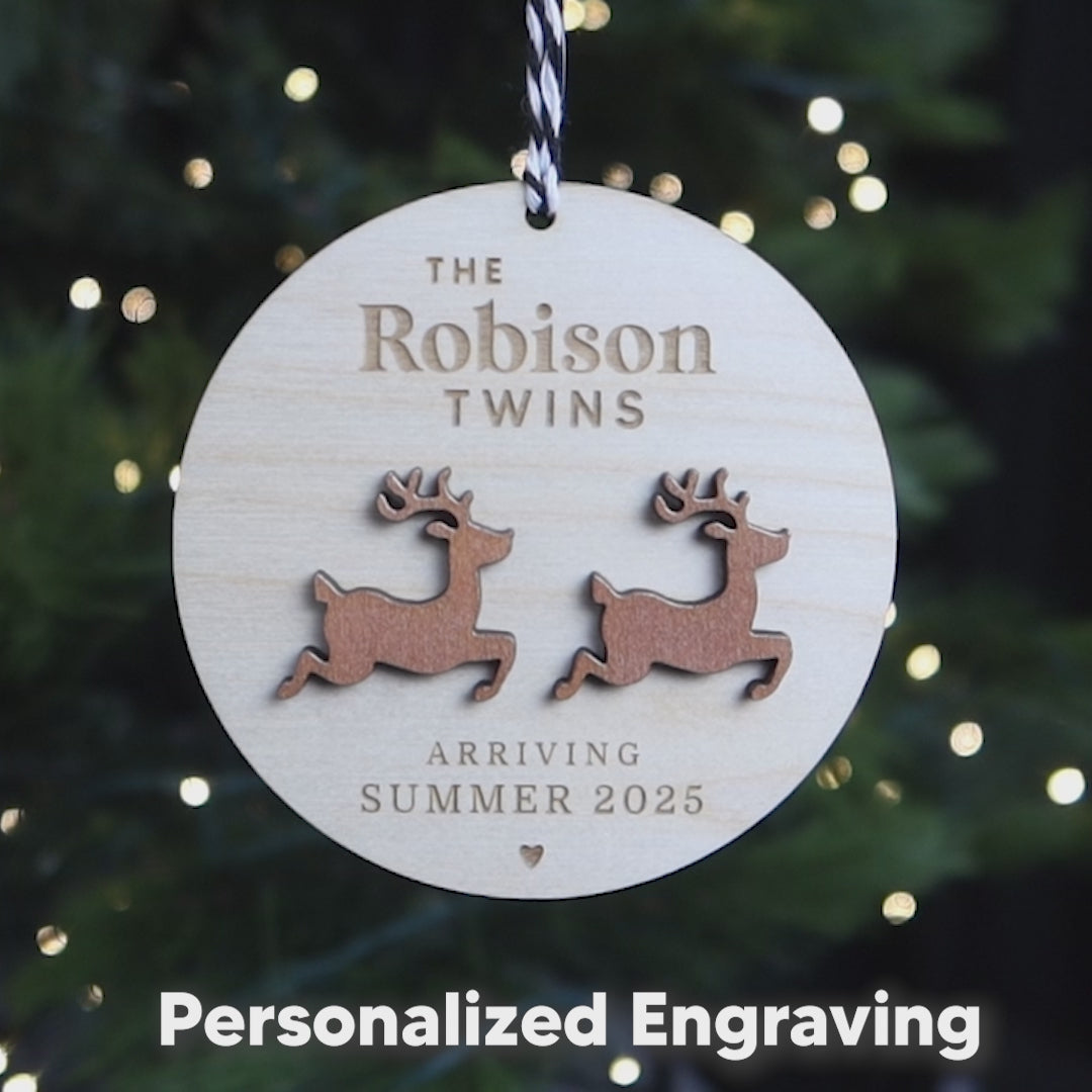 Personalized Twin Pregnancy Arriving 2025 Reveal Reindeer Keepsake Christmas Ornament 2024